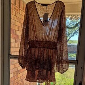 Zara Brown Sheer V-Neck Dress
